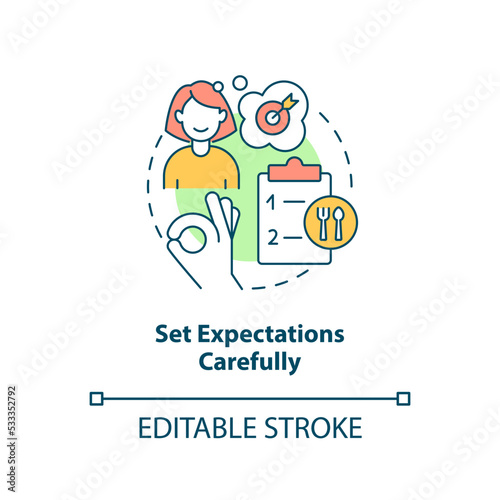 Set expectations carefully concept icon. Restaurant customer service abstract idea thin line illustration. Realistic goals. Isolated outline drawing. Editable stroke. Arial, Myriad Pro-Bold fonts used