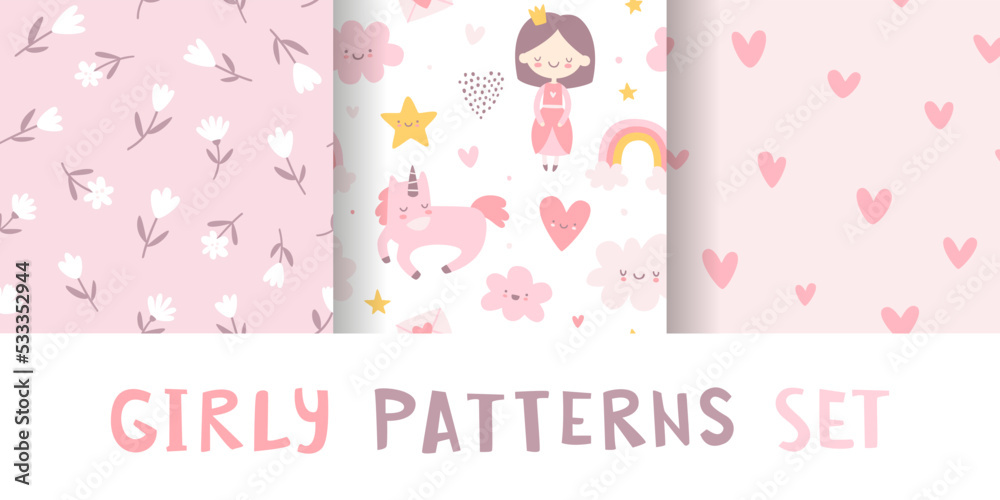 Girly pattern collection. Cute seamless pink vector prints set. Romantic baby patterns.
