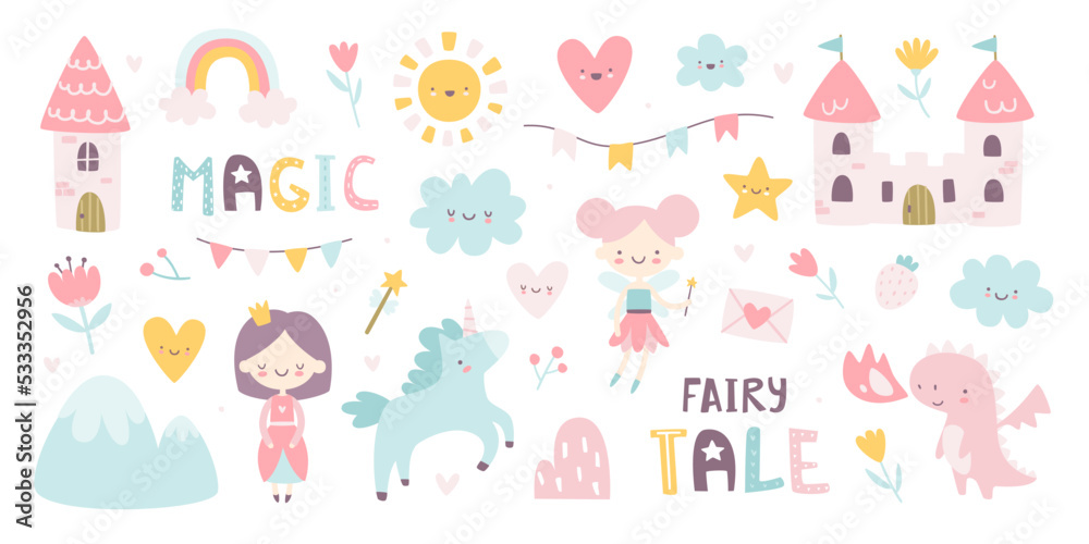 Cute fairy tale set for girls. Magic girly collection with princess and unicorn. Kawaii fantasy sticker bundle.