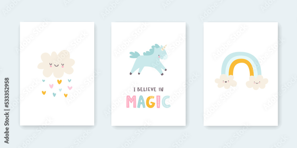 Set of cute posters for baby room. Kawaii prints collection for kids wall art. Cartoon triptych for nursery.
