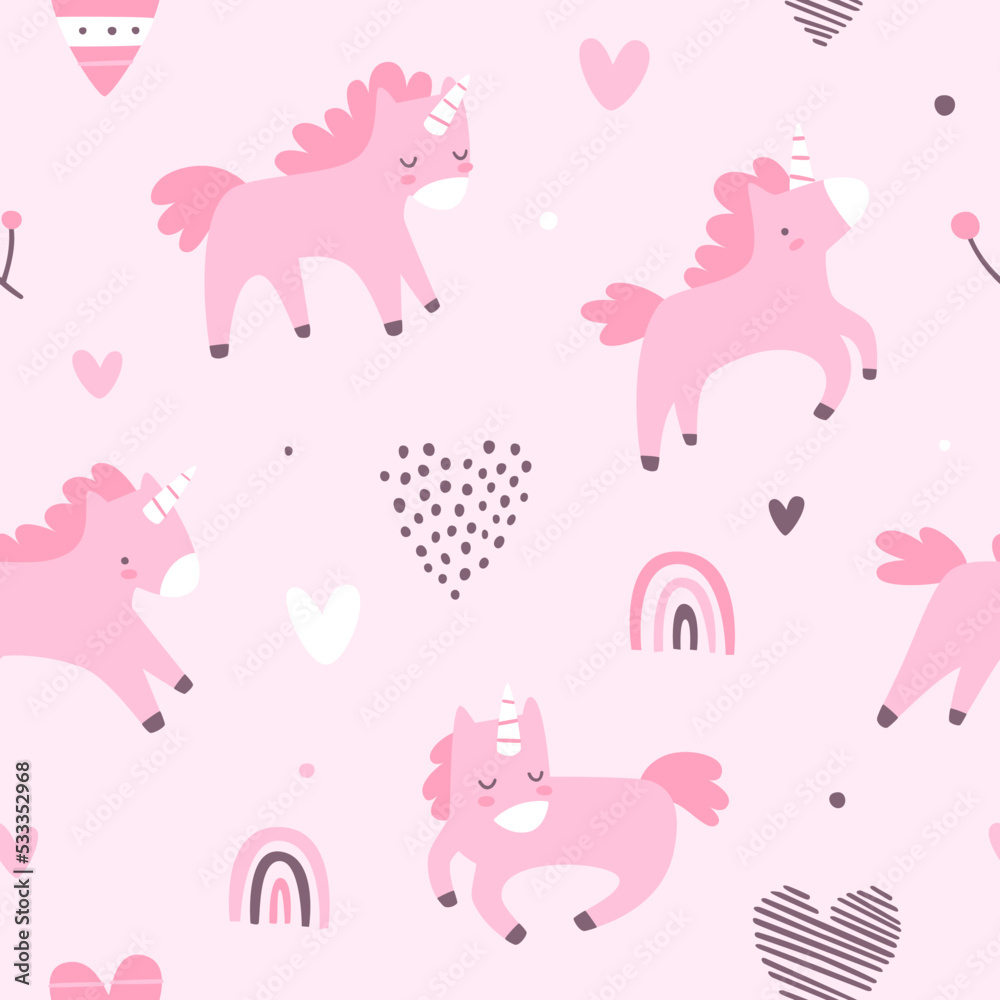Cute pink pattern with unicorns and hearts. Girly vector seamless print for textile and nursery.