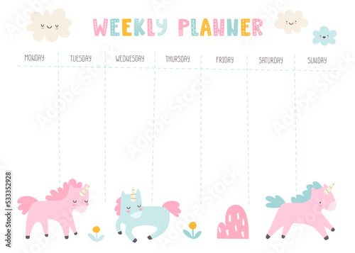 Timetable with cute unicorns. Girly weekly planner. Scandinavian vector design of timetable for baby girls.