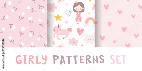 Girly pattern collection. Cute seamless pink vector prints set. Romantic baby patterns.