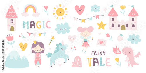 Cute fairy tale set for girls. Magic girly collection with princess and unicorn. Kawaii fantasy sticker bundle.