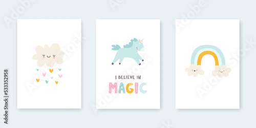 Set of cute posters for baby room. Kawaii prints collection for kids wall art. Cartoon triptych for nursery.