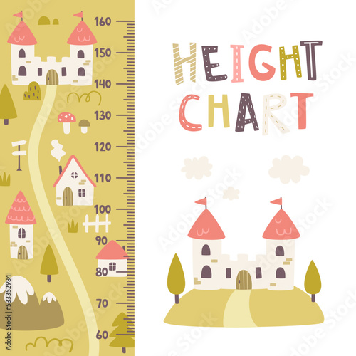 Height chart with fairytale kingdom. Fantasy village with castle ruler. Cute stadiometer with medieval map.