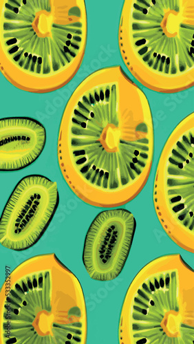Set of fresh kiwi fruit whole, half and cut slice illustration