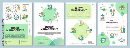 Guest service management green brochure template. Satisfaction. Leaflet design with linear icons. Editable 4 vector layouts for presentation, annual reports. Arial-Bold, Myriad Pro-Regular fonts used