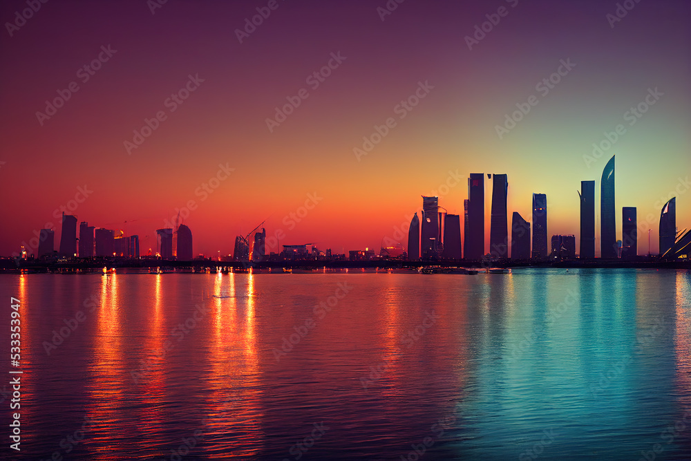 Conceptual Ai Generated Image (not actual city, just representation) -  The traditional dhow on Doha Corniche a waterfront promenade along Doha Bay in the capital city of Qatar Doha