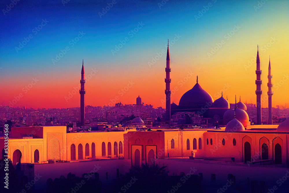 Fototapeta premium View of the Al Zaytuna Mosque and the skyline of Tunis at dawn The mosque is a Landmark of Tunis Tunisia North africa , style U1 1