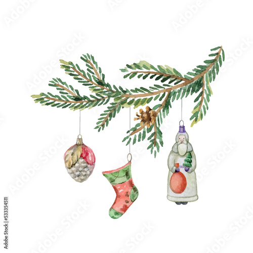 Watercolor vector Fir Twig with Vintage Christmas toys.