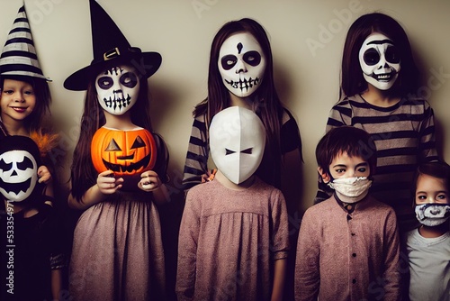 Children with halloween masks and a pumpkin on a portet picture photo