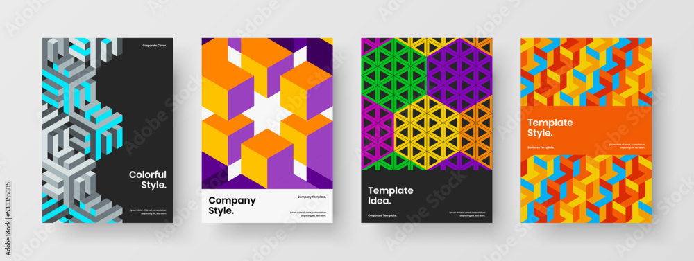 Multicolored mosaic tiles postcard layout composition. Amazing corporate brochure vector design concept bundle.