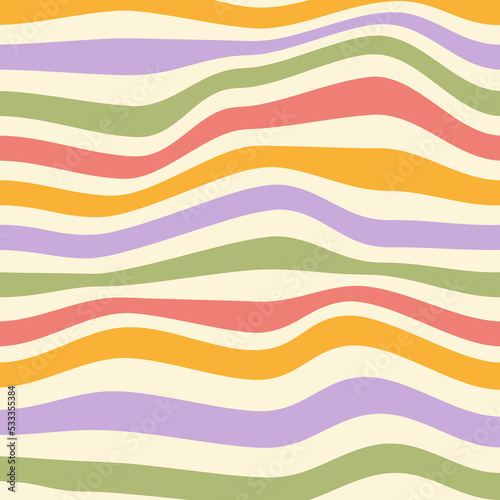 Wavy stripes background. Abstract geometric texture.  Colorful wavy distorted stripes on a beige background. Pastel colors. Vector illustration