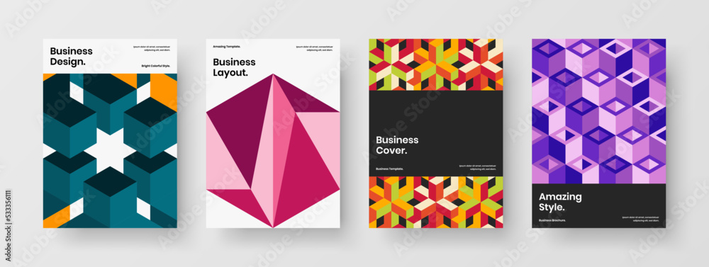 Modern geometric hexagons corporate brochure concept bundle. Fresh flyer A4 vector design illustration composition.