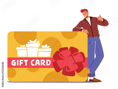 Customers Care and Loyalty Program, Consumerism Concept. Cheerful Man Buyer Stand near Huge Gift Card Showing Thumb Up