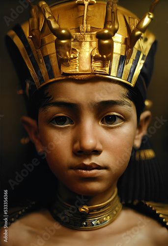 Generative AI illustration portrait of young tutankhamun pharaoh of ancient egypt, king tut photo