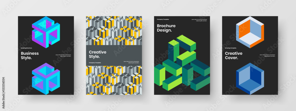 Original mosaic hexagons corporate brochure illustration bundle. Creative company identity A4 vector design layout set.
