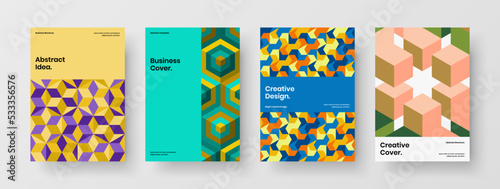 Multicolored corporate identity A4 design vector template composition. Premium mosaic hexagons book cover illustration bundle.