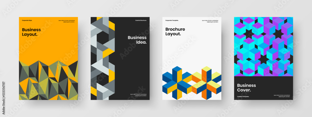 Naklejka premium Original mosaic hexagons corporate cover illustration set. Vivid front page design vector concept collection.