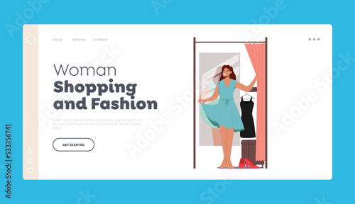 Woman Shopping and Fashion Landing Page Template. Young Female Character Trying on Clothes in Dressing Room at Store