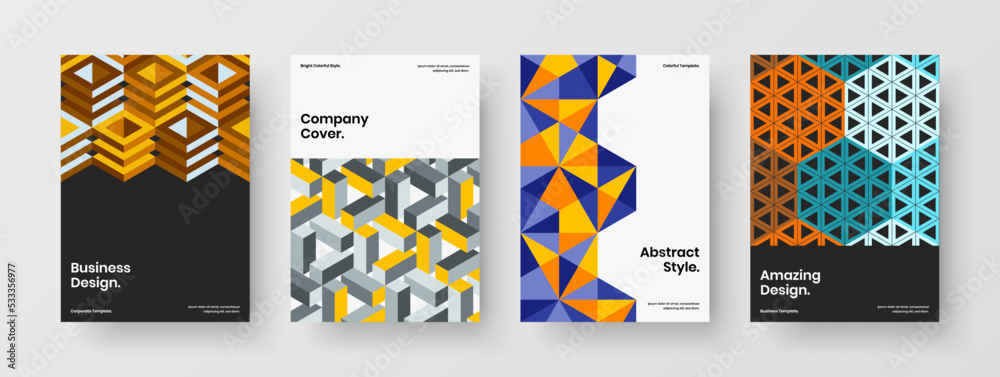 Fototapeta premium Unique geometric hexagons cover illustration set. Trendy brochure A4 design vector template composition.