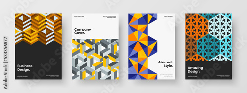 Unique geometric hexagons cover illustration set. Trendy brochure A4 design vector template composition.