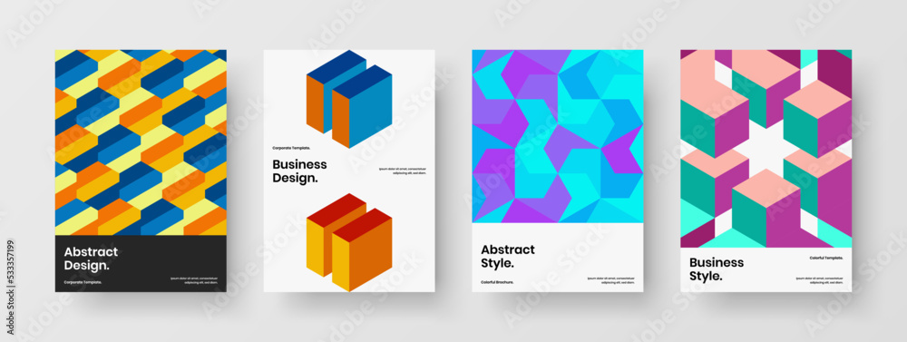 Fototapeta premium Original corporate cover A4 design vector illustration set. Fresh geometric shapes annual report concept collection.