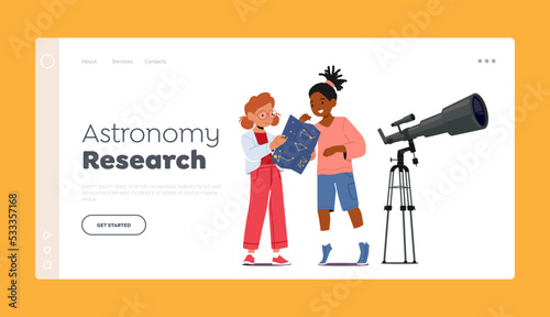 Astronomy Research Landing Page Template. Little Girls Learning Sky Map Stand near Telescope. Space Observation