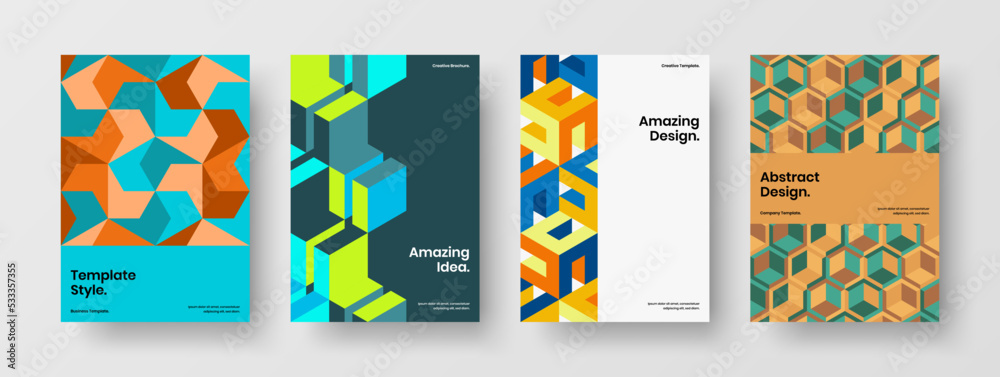 Colorful brochure A4 vector design illustration composition. Isolated geometric shapes journal cover concept bundle.