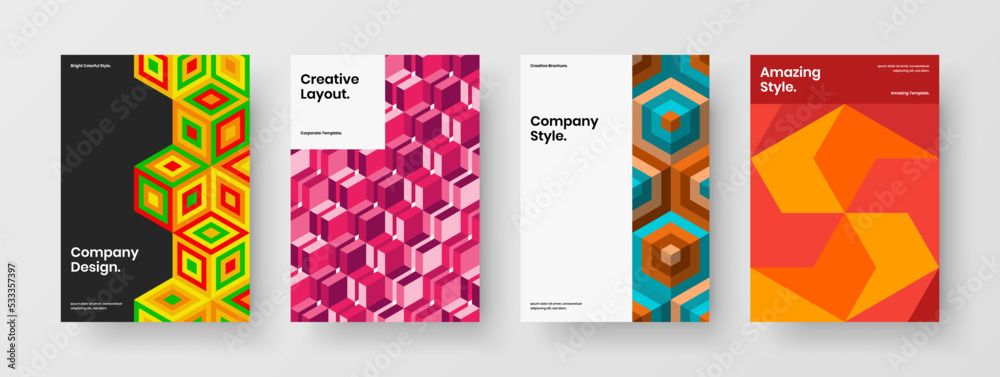 Fresh mosaic hexagons poster layout collection. Multicolored book cover A4 vector design concept bundle.