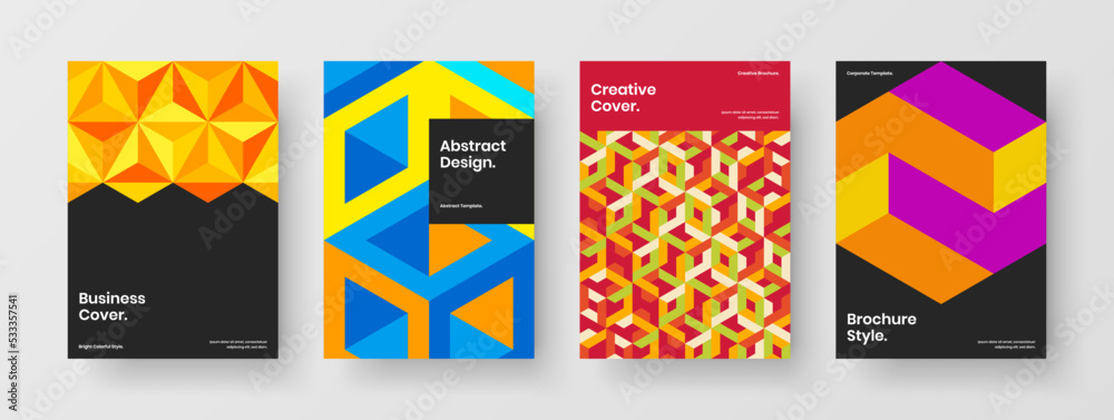 Premium leaflet A4 design vector concept set. Unique geometric hexagons postcard template composition.
