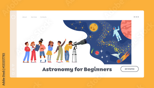 Astronomy for Beginners Landing Page Template. Children Look In Telescope, Curious Little Boys and Girls Study Science