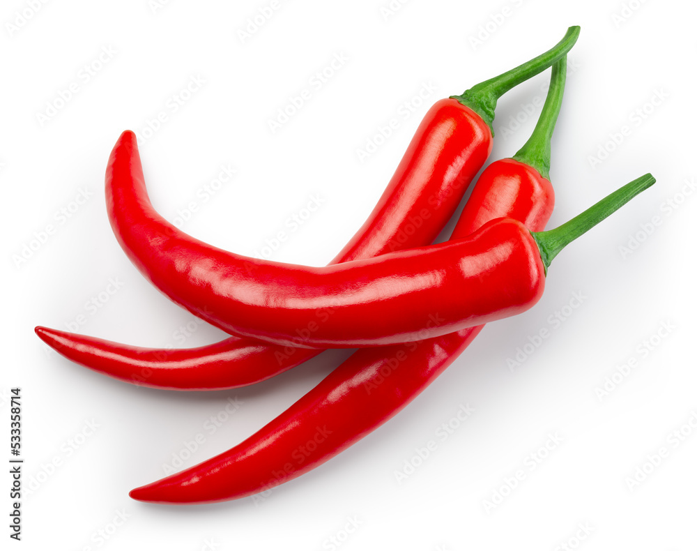 Chili pepper isolated. Chilli top view on white background. Three red hot chili peppers top. With clipping path.
