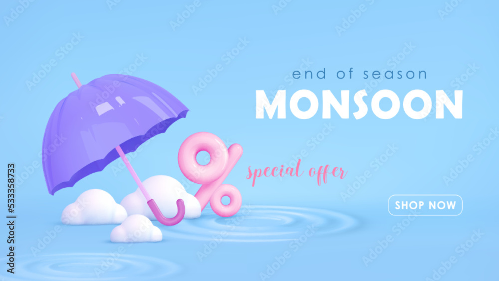 Monsoon sale template. Umbrella, clouds, percent in water on blue background. Autumn concept season design element. Vector cartoon illustration Monsoon sale template. Umbrella, clouds, percent in water on blue background. Autumn concept season design element. Vector cartoon illustration