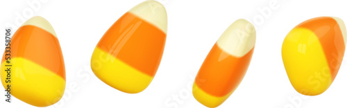 Set 3d Halloween candy corns isolated on white background. Halloween design element. Vector cartoon illustration