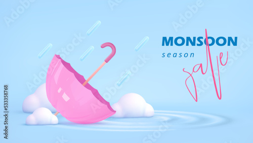 Monsoon sale template. Umbrella, clouds, percent in water on blue background. Autumn concept season design element. Vector cartoon illustration