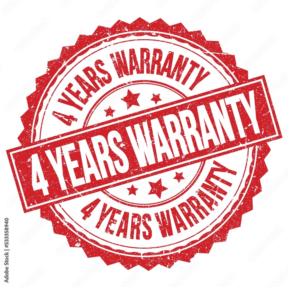 4 YEARS WARRANTY text on red round stamp sign 4 YEARS WARRANTY text on red round stamp sign