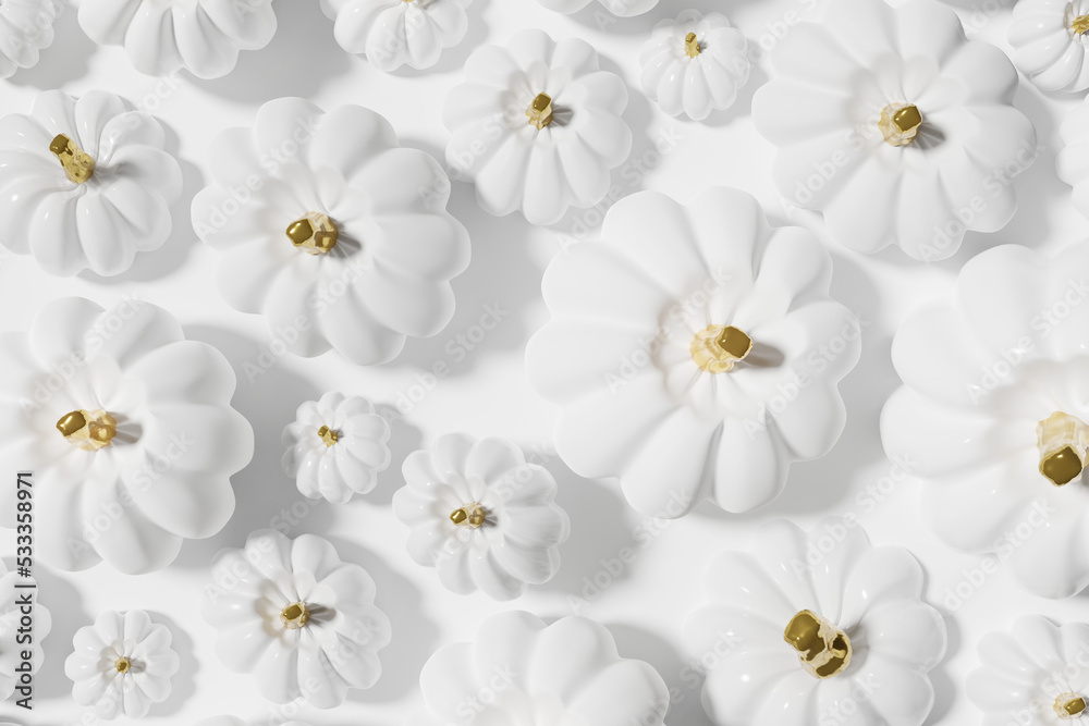 3d render of white pumpkins flat lay pattern on a white background 3d render of white pumpkins flat lay pattern on a white background