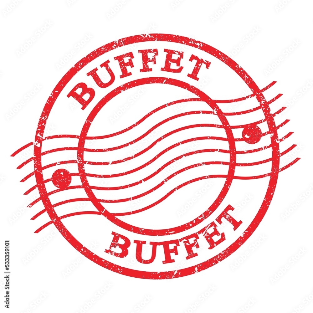 BUFFET, text written on red postal stamp. BUFFET, text written on red postal stamp.