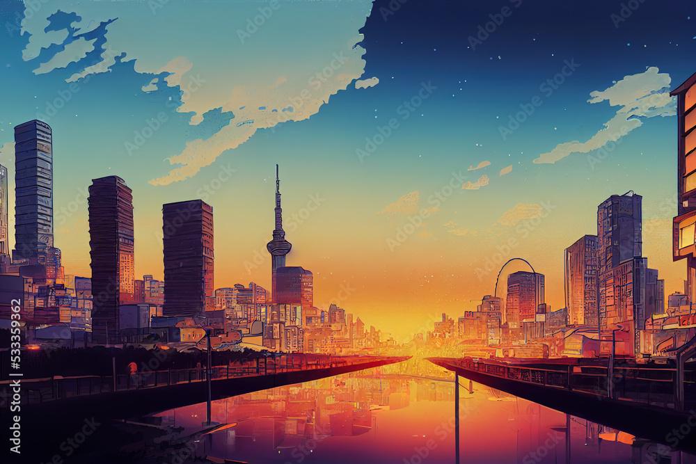 Cartoon drawing Tokyo city residential area and evening sky , style U1