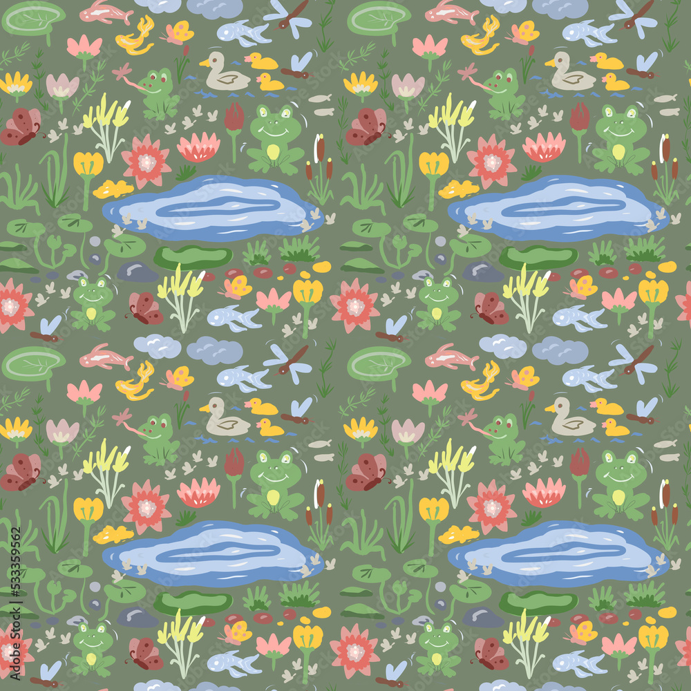 Pond frog lake water lilies reeds nature animals insects ducks, big set illustration hand drawn print separately on white background childish cute patern seamless
Pond frog lake water lilies reeds nature animals insects ducks, big set illustration hand drawn print separately on white background childish cute patern seamless