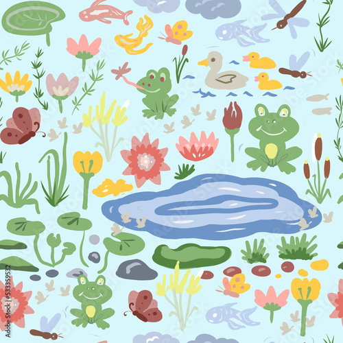  Pond frog lake water lilies reeds nature animals insects ducks  big set illustration hand drawn print separately on white background childish cute patern seamless