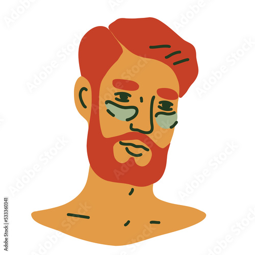 Male portrait with cosmetic eye patches. Male skincare concept. Hand drawn flat vector illustration
