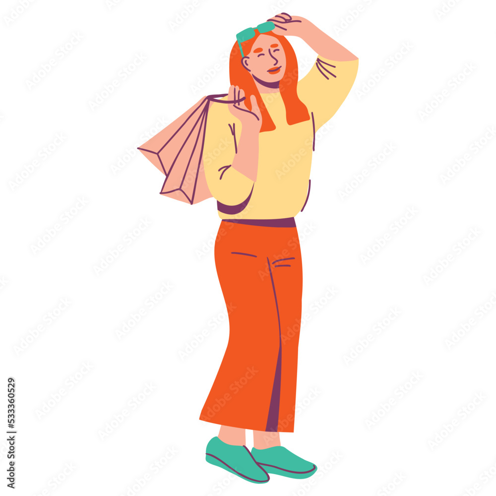 Happy woman with shopping bags. Female character carrying purchases. Hand drawn flat vector illustration Happy woman with shopping bags. Female character carrying purchases. Hand drawn flat vector illustration