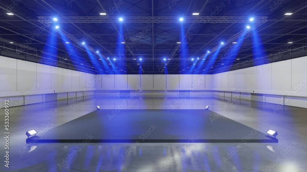 Motion Empty stage Design for mockup and Corporate identity,Display.Stage green screen in hall.Blank screen for Graphic Resources.Scene event led night light staging.Animation loop 4k.3D render.	