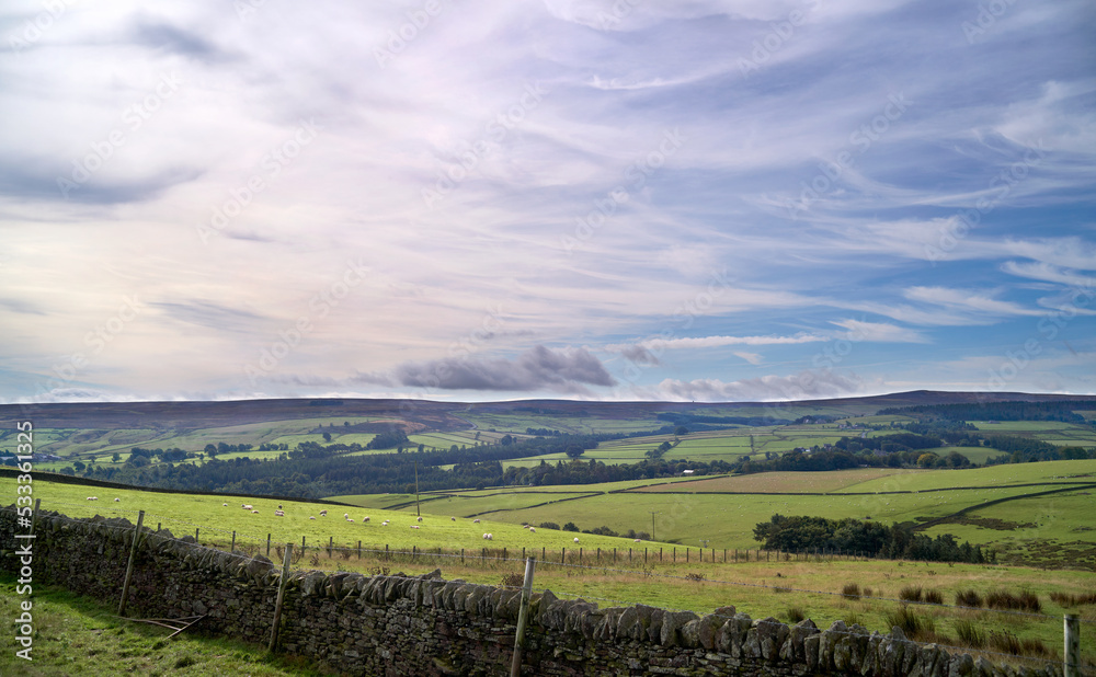 Views over moorland and farmland surounding Blanchland in Northumberland, England UK.