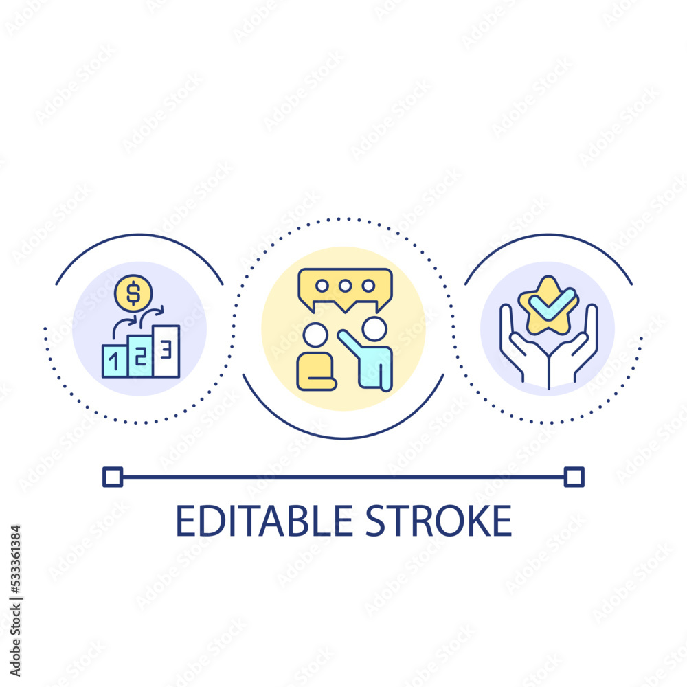 Efficient teamwork loop concept icon. Commercial offer. Promotion and wages raise. Communication abstract idea thin line illustration. Isolated outline drawing. Editable stroke. Arial font used Efficient teamwork loop concept icon. Commercial offer. Promotion and wages raise. Communication abstract idea thin line illustration. Isolated outline drawing. Editable stroke. Arial font used