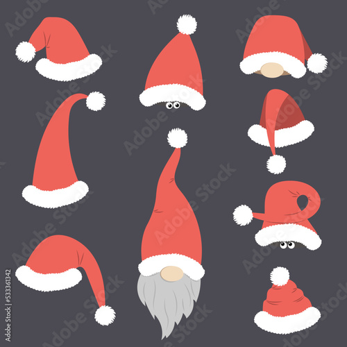 Set of Santa's Christmas hats with gnomes. Different forms of festive attire.