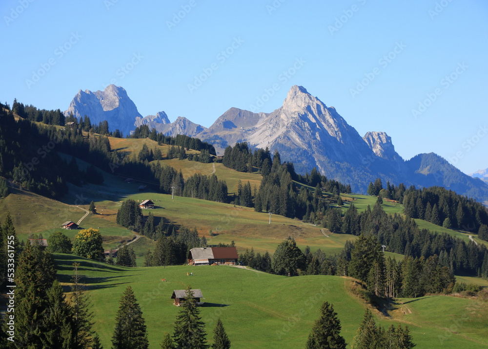 Green farmland and mountains seen from Rinderberg, Switzerland.